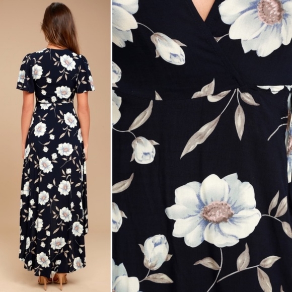 Lulu's Lake Como Navy Blue Floral Print High-Low Wrap Dress - S - Picture 2 of 2